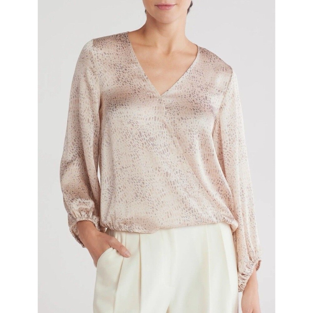 Halogen Women M Satin Faux Wrap Blouse Long Sleeve Beige Leopard Print Top - NWT